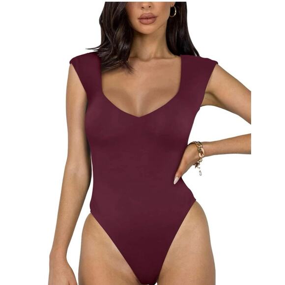NWT REORIA  V Neck Slimming One Piece Bodysuits Burgundy Red Large Bodycon sexy - Picture 1 of 5